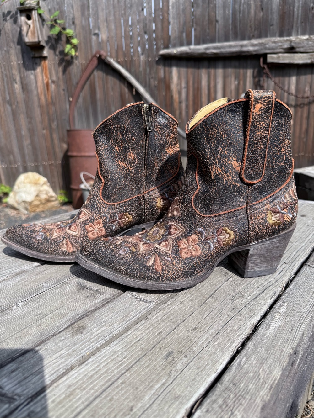 Old Gringo Distressed Brown Floral Embroidered Western Ankle Boots
